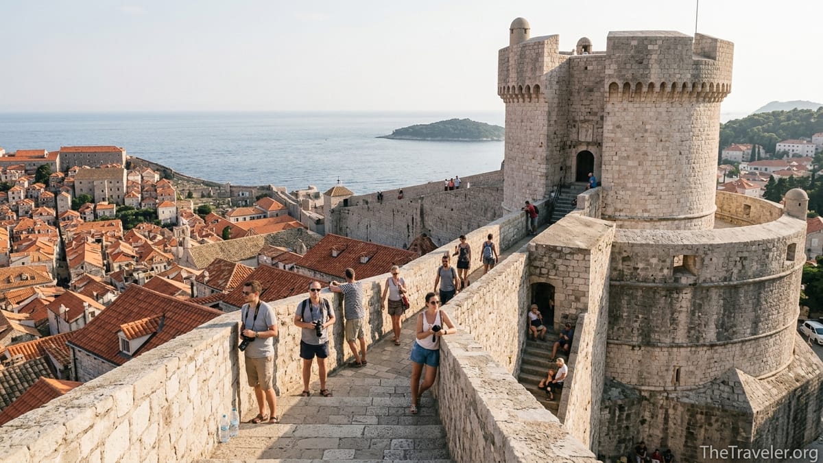 Visitors walking the stone ramparts around Minčeta Tower above Dubrovnik’s red rooftops and the Adriatic Sea.