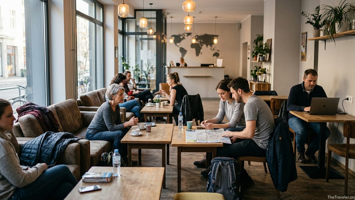 Mixed-age travelers relaxing and working in a bright modern hostel lounge.