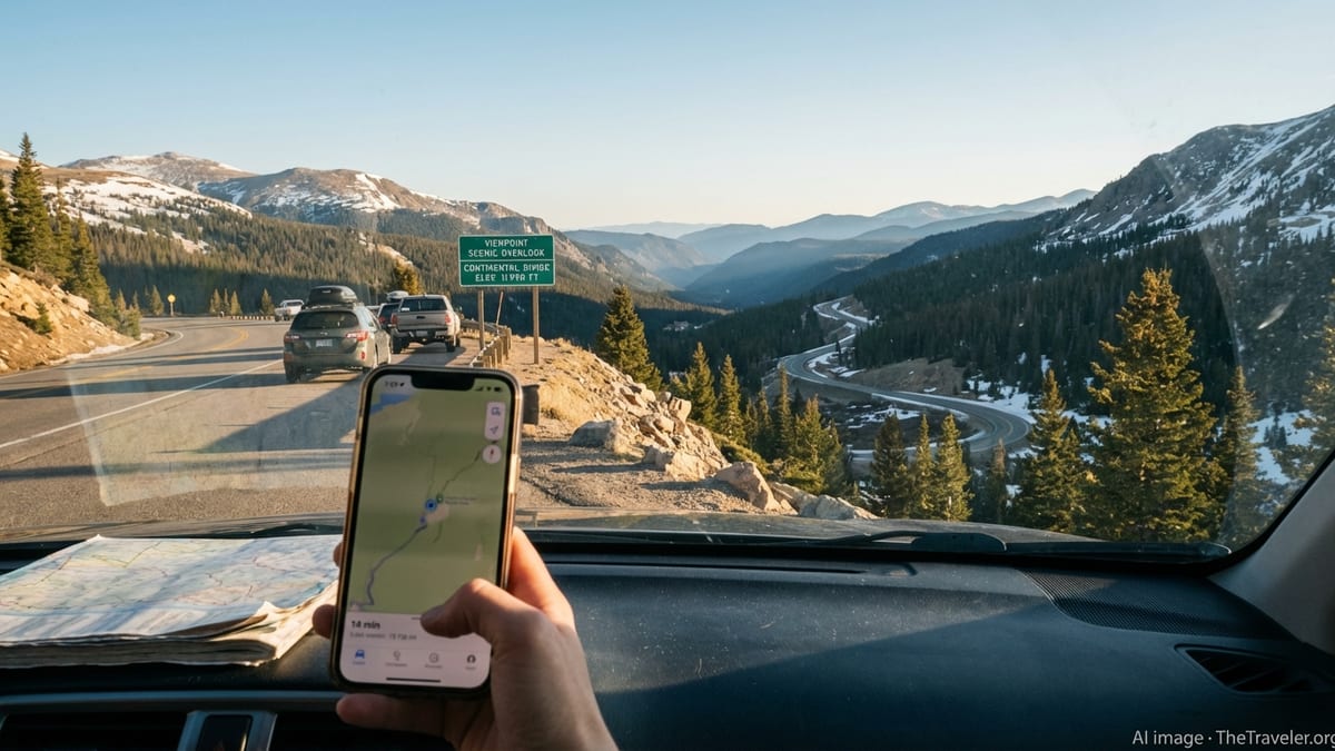 Traveler checks weak mobile signal on a mountain highway overlooking a Colorado valley.