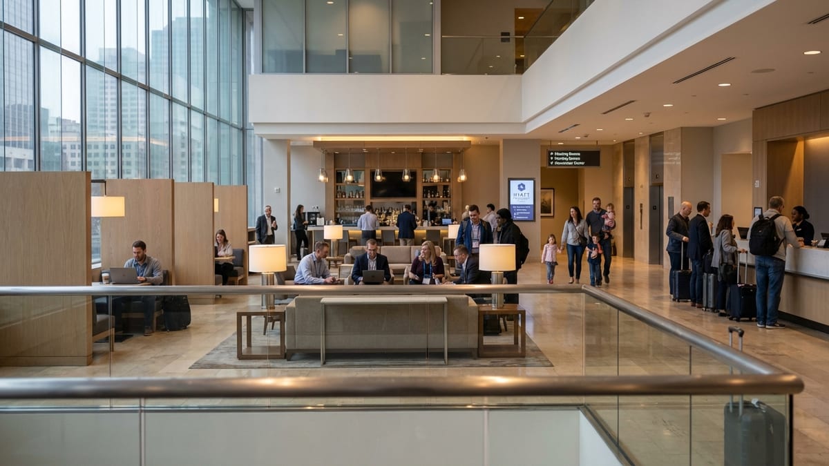 Modern Hyatt Regency hotel lobby scene with guests in business and casual attire.