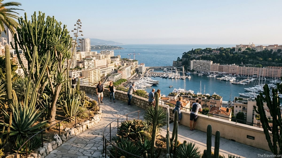 View from Monaco’s Jardin Exotique over the city and harbor on a sunny afternoon.