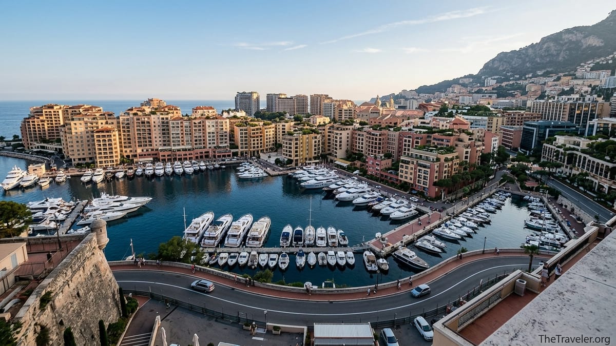 Golden-hour view over Monaco’s yacht-filled harbor and Monte Carlo rising on the surrounding hills.