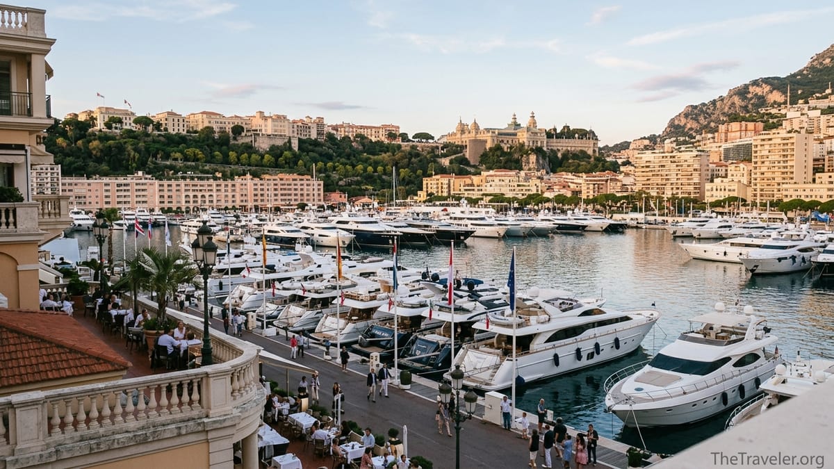 Golden hour view over Monaco’s harbour, luxury yachts and Monte Carlo skyline.
