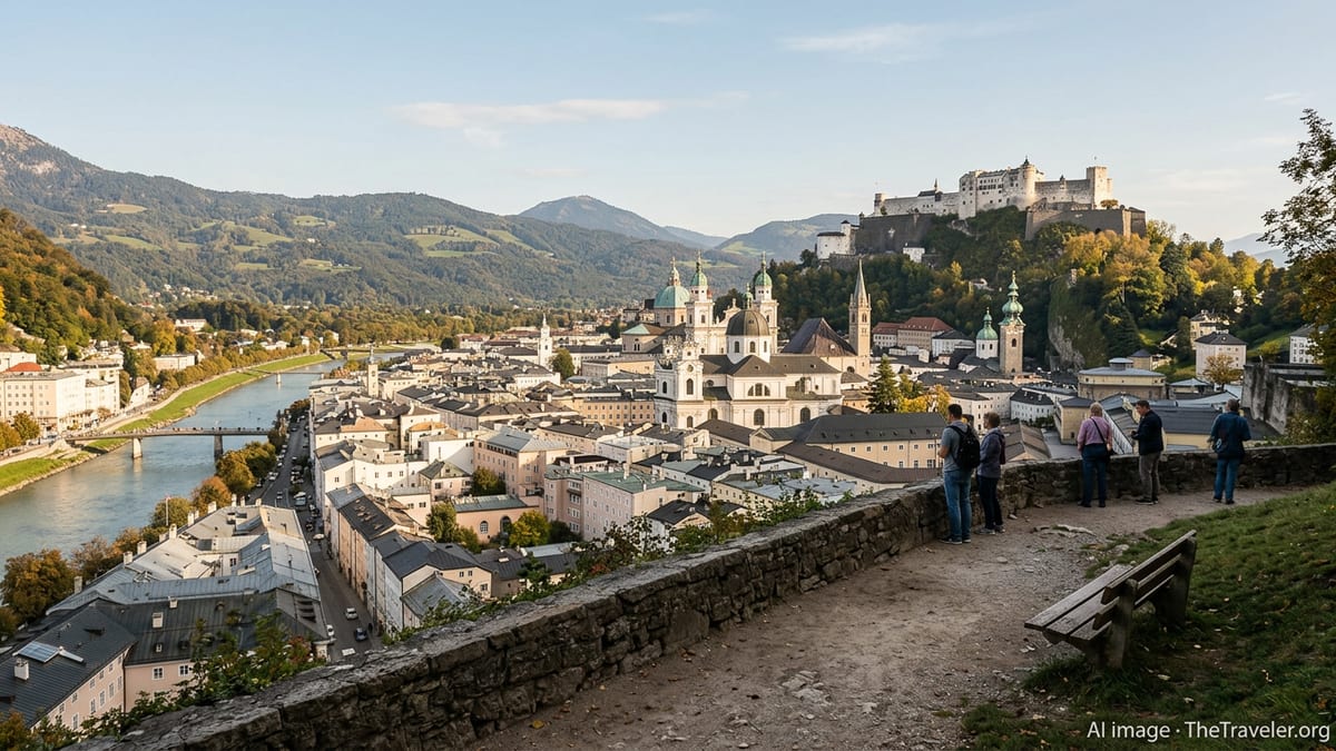 Cliffside path on Salzburg’s Mönchsberg overlooking Old Town and Hohensalzburg Fortress.