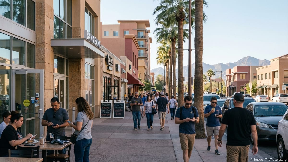 Busy Phoenix street with shops, cafes, and people paying by card on a sunny day