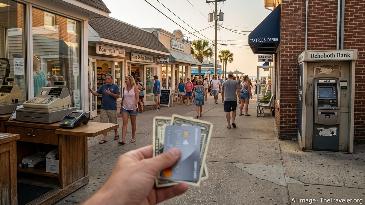 Traveler holding card and cash on a Delaware shopping street with ATM and stores.