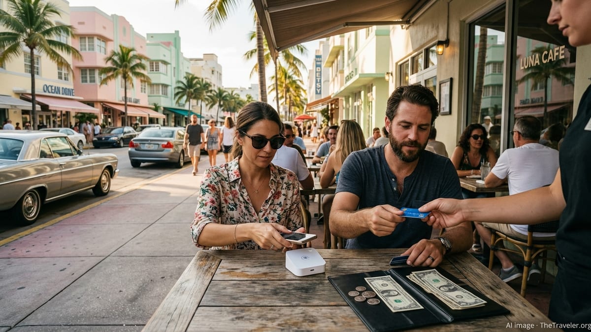 Traveler paying by card and cash tip at an outdoor cafe in Miami South Beach.