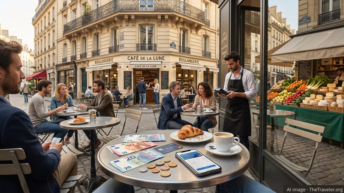 Euro cash, card, and phone wallet on a Paris café table with street scene behind.