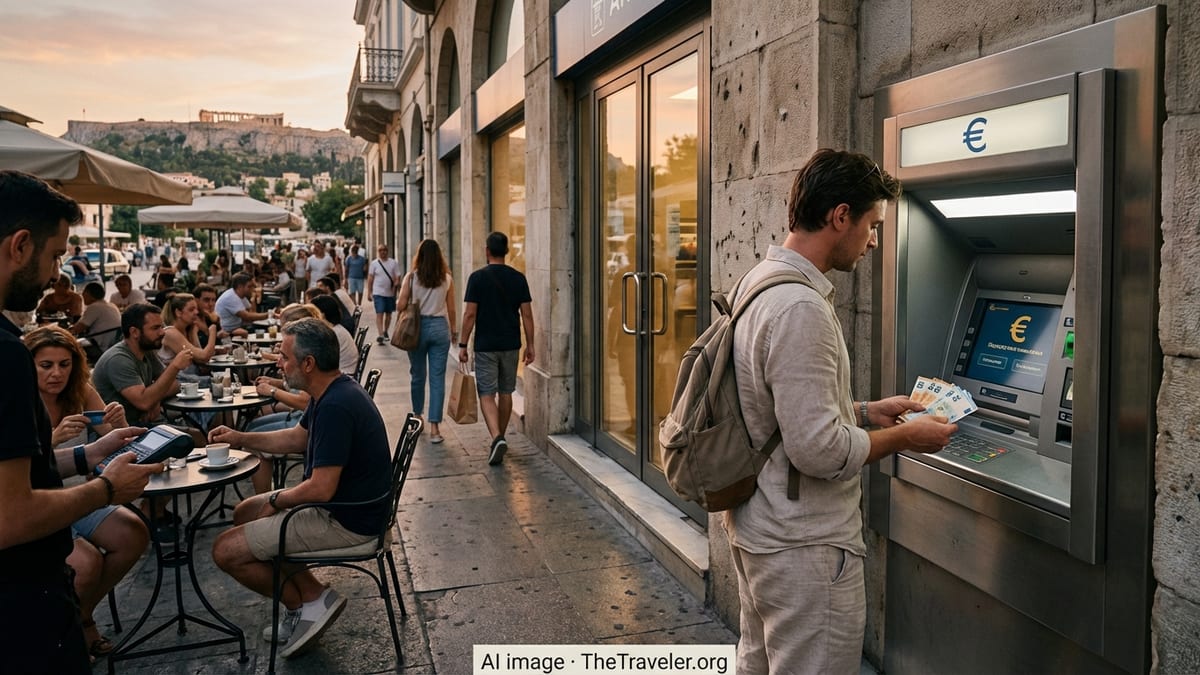 Traveler using a Greek bank ATM on an Athens street with euros in hand.