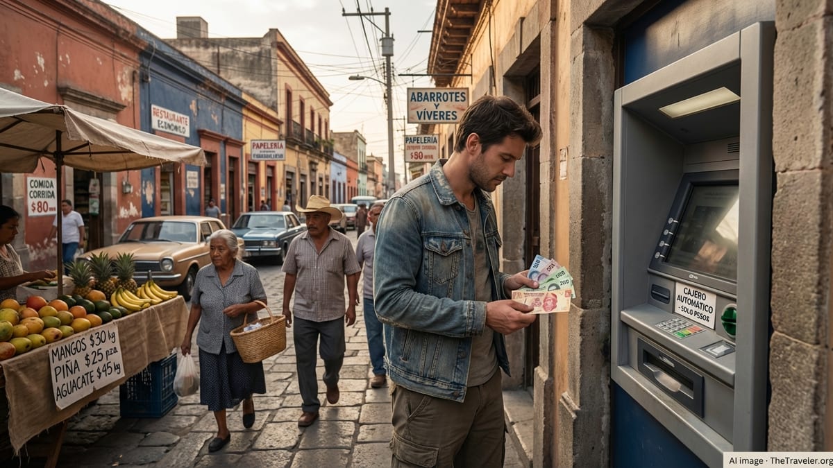 Traveler holding Mexican pesos and a bank card beside an ATM on a busy Mexican street.