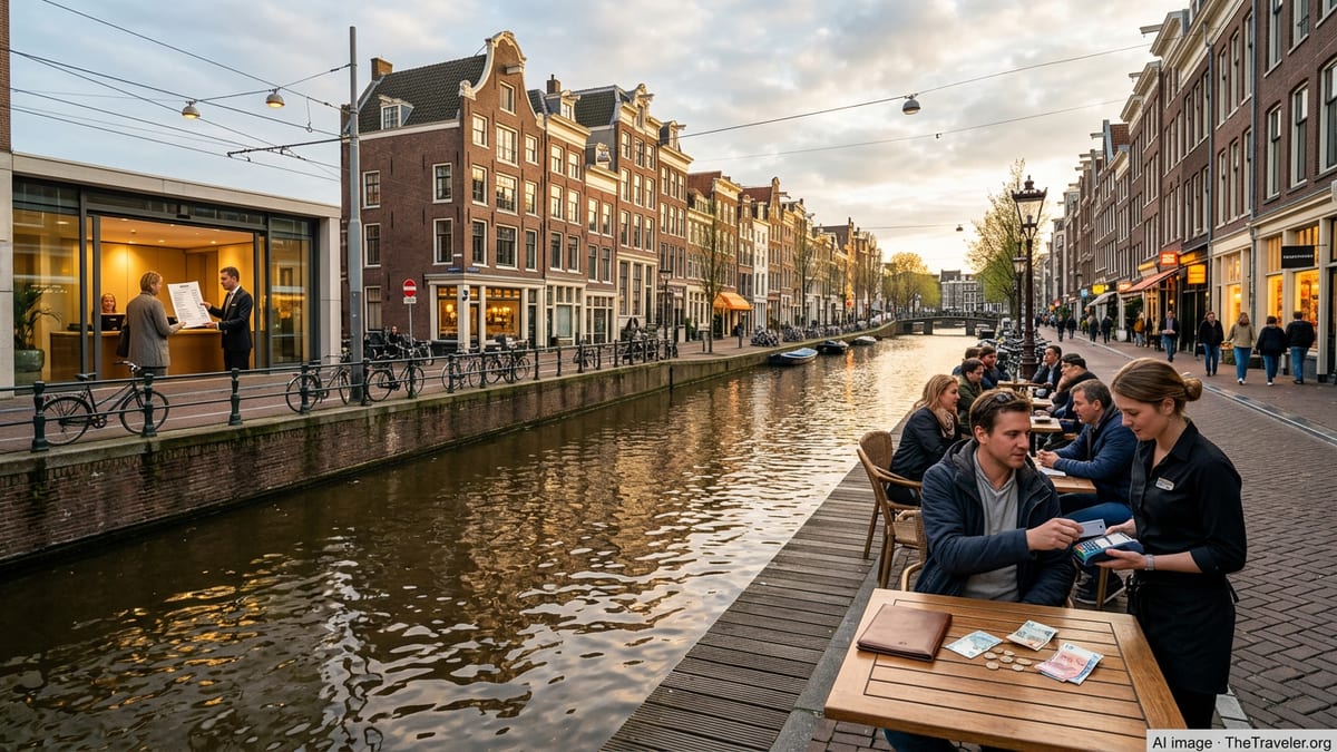Canal-side cafe in Amsterdam where travelers pay by card with euros on the table.