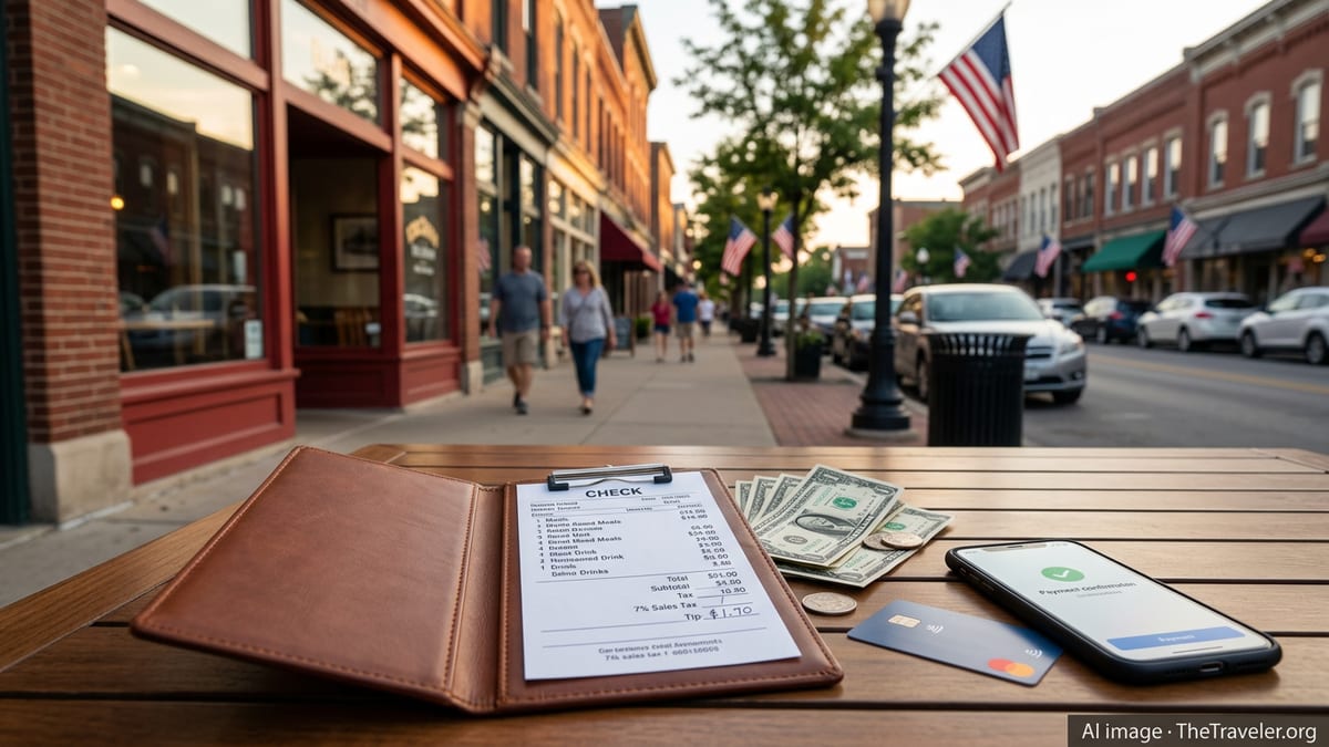 Restaurant bill with cash and card on a table in an Indiana downtown street scene at dusk.
