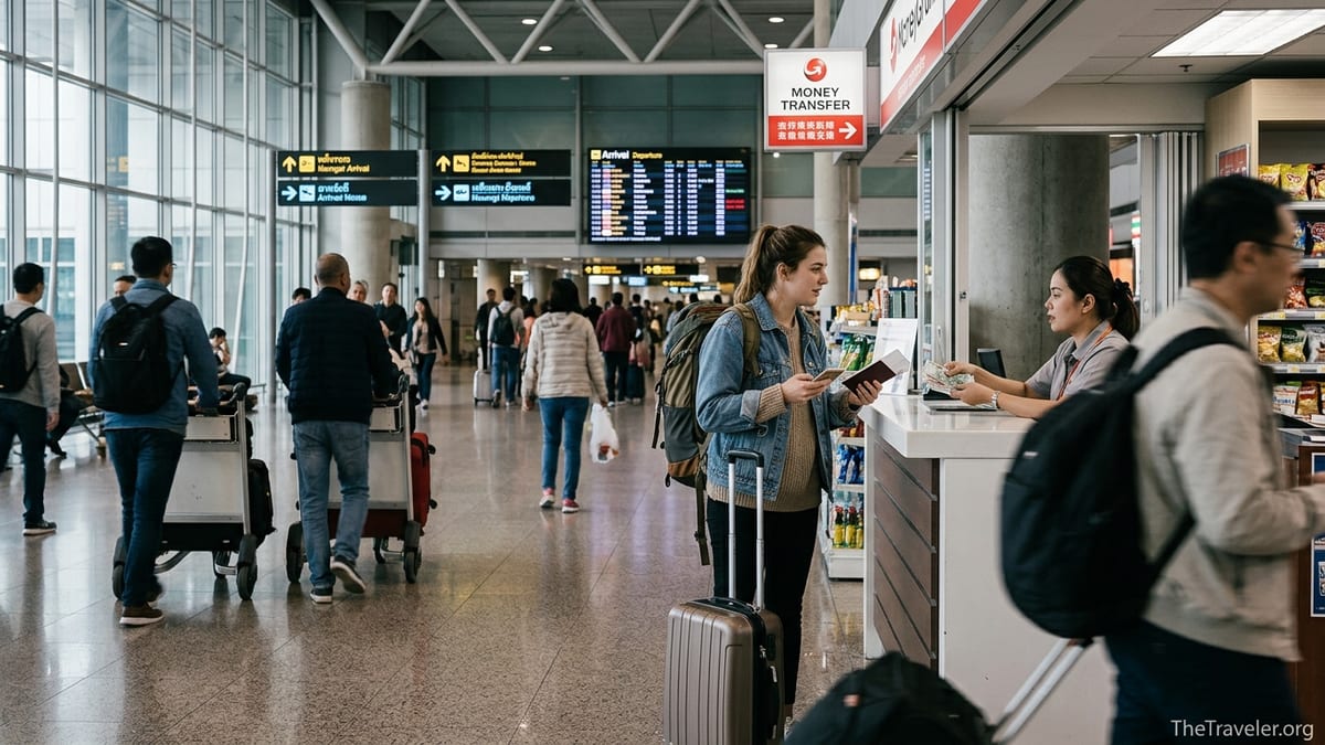 Traveler receiving cash at an airport money transfer counter while others walk by with luggage.