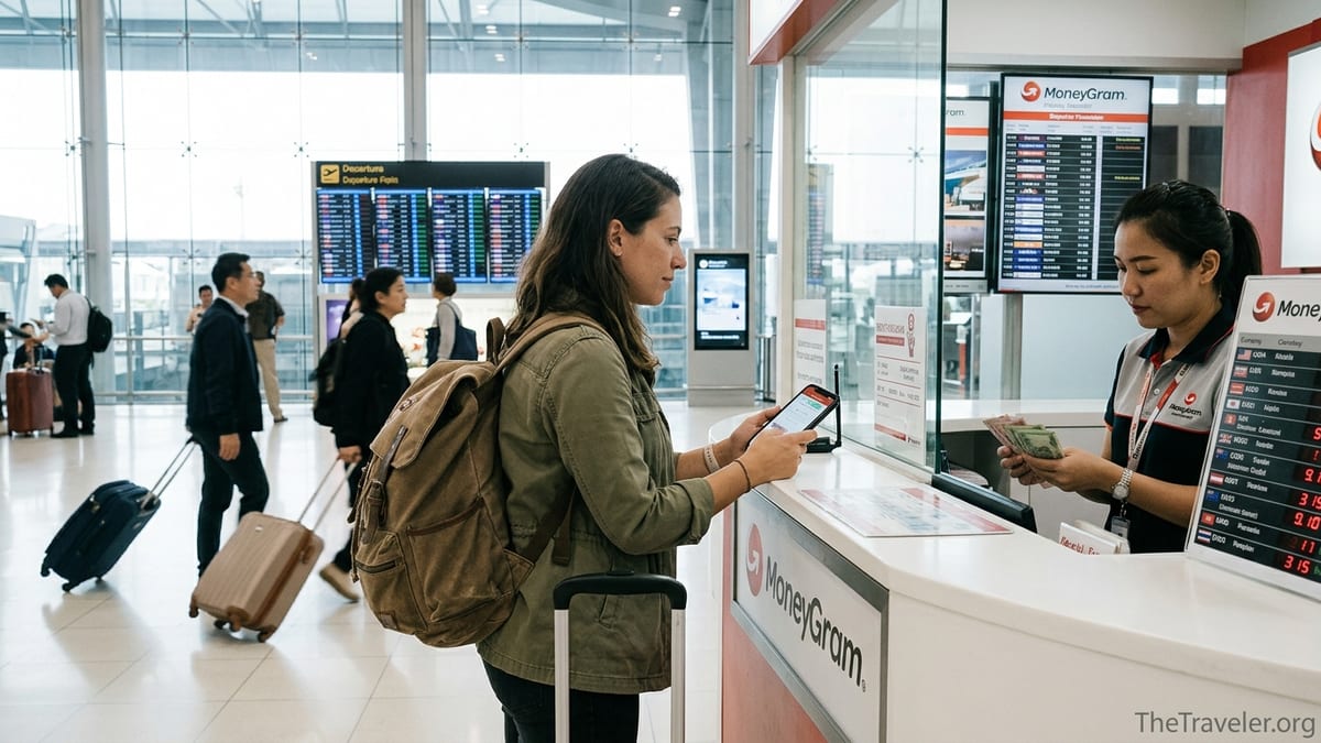 Traveler using MoneyGram counter in an international airport to collect travel cash.