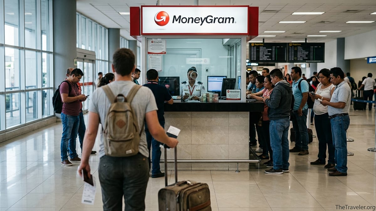 Traveler collecting cash at a MoneyGram counter in an international airport.