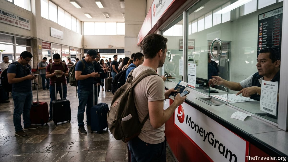 Traveler standing at a MoneyGram counter in a busy foreign bus terminal, holding passport and phone.