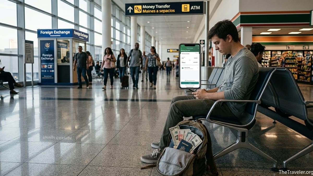 Traveler in an airport comparing money transfer apps on a phone near foreign exchange signs.