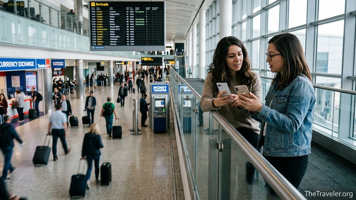 Travelers at an airport comparing money transfer apps on their phones near a busy arrivals hall.