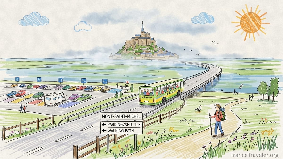 Pedestrians walking along the bridge toward Mont-Saint-Michel at low tide on a calm cloudy afternoon.