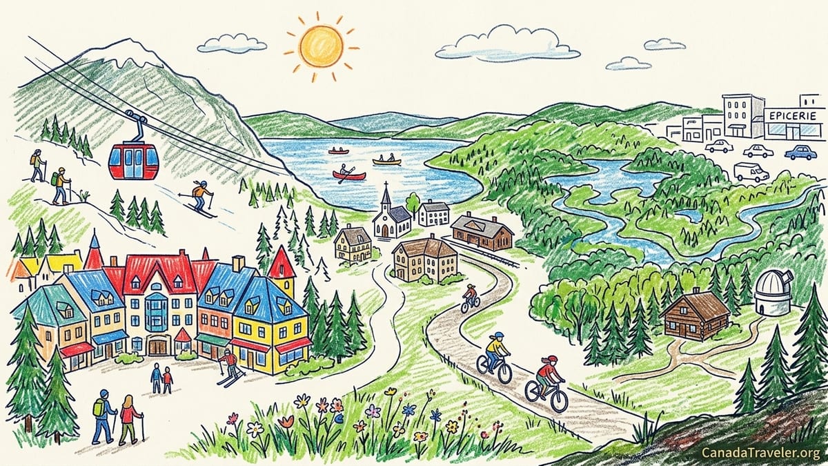 Pedestrian village of Mont-Tremblant resort with people walking and forested hills behind in soft autumn light.