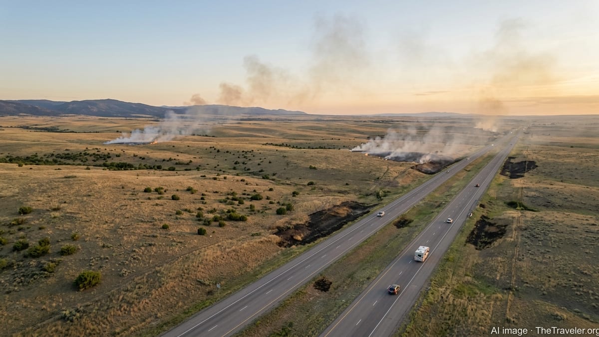 Aerial view of travelers driving along a smoky grassland highway near small wildfires in the American West.