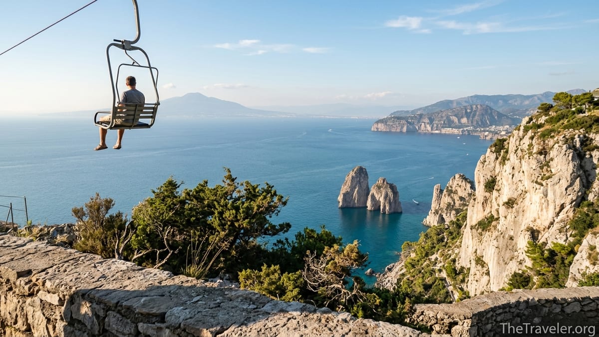 View from Monte Solaro summit on Capri with chairlift, cliffs and Bay of Naples below.