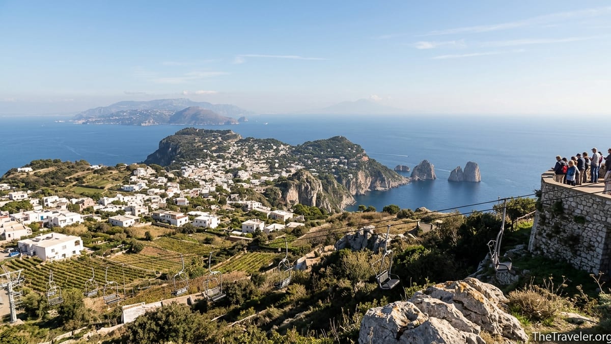 Panoramic view from Monte Solaro on Capri with chairlift, cliffs, and Faraglioni rocks above the Tyrrhenian Sea.