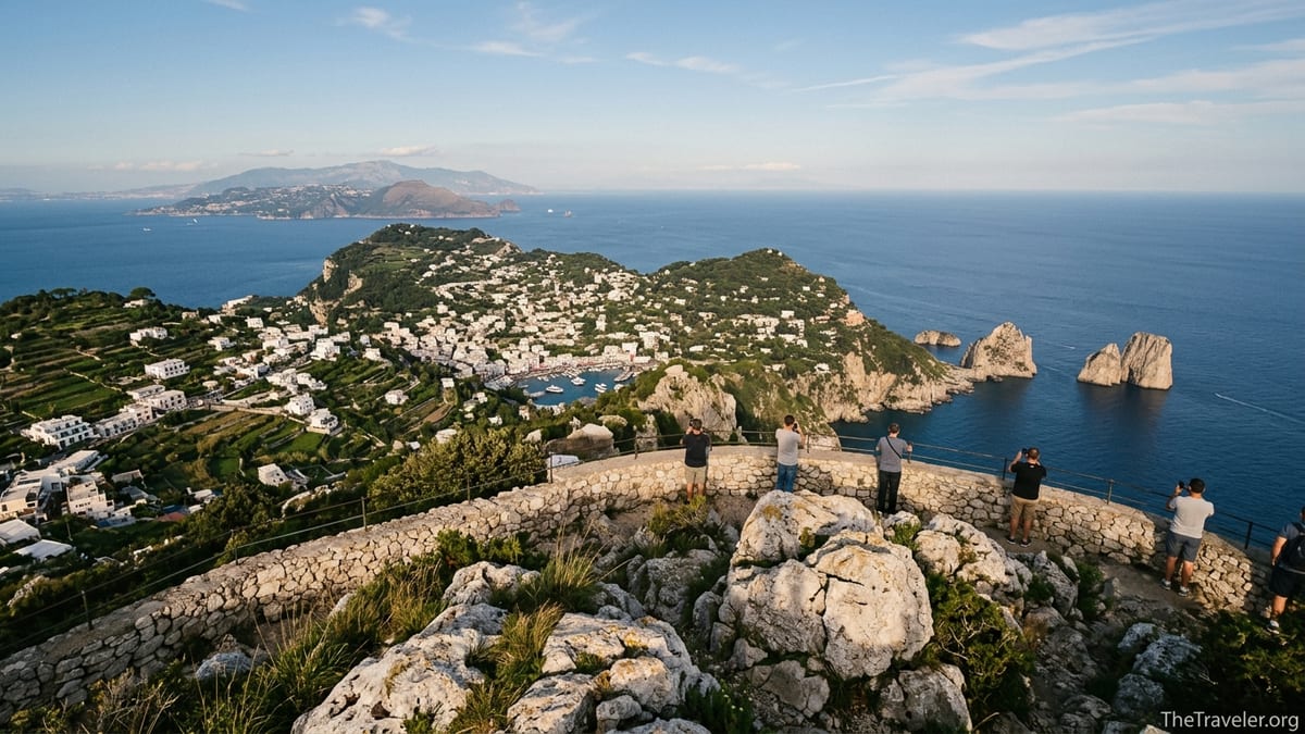 Panoramic view from Monte Solaro showing Capri, the Faraglioni rocks and the Bay of Naples below.