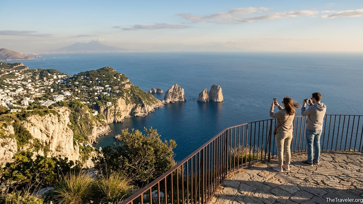 Panoramic view from Monte Solaro over Capri and the Faraglioni rocks in late afternoon light.