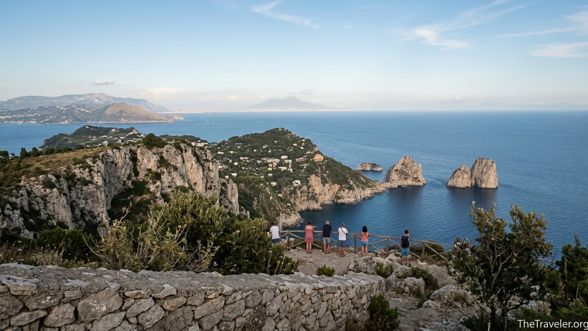 View from Monte Solaro on Capri overlooking cliffs, Faraglioni rocks and the Bay of Naples in soft afternoon light.