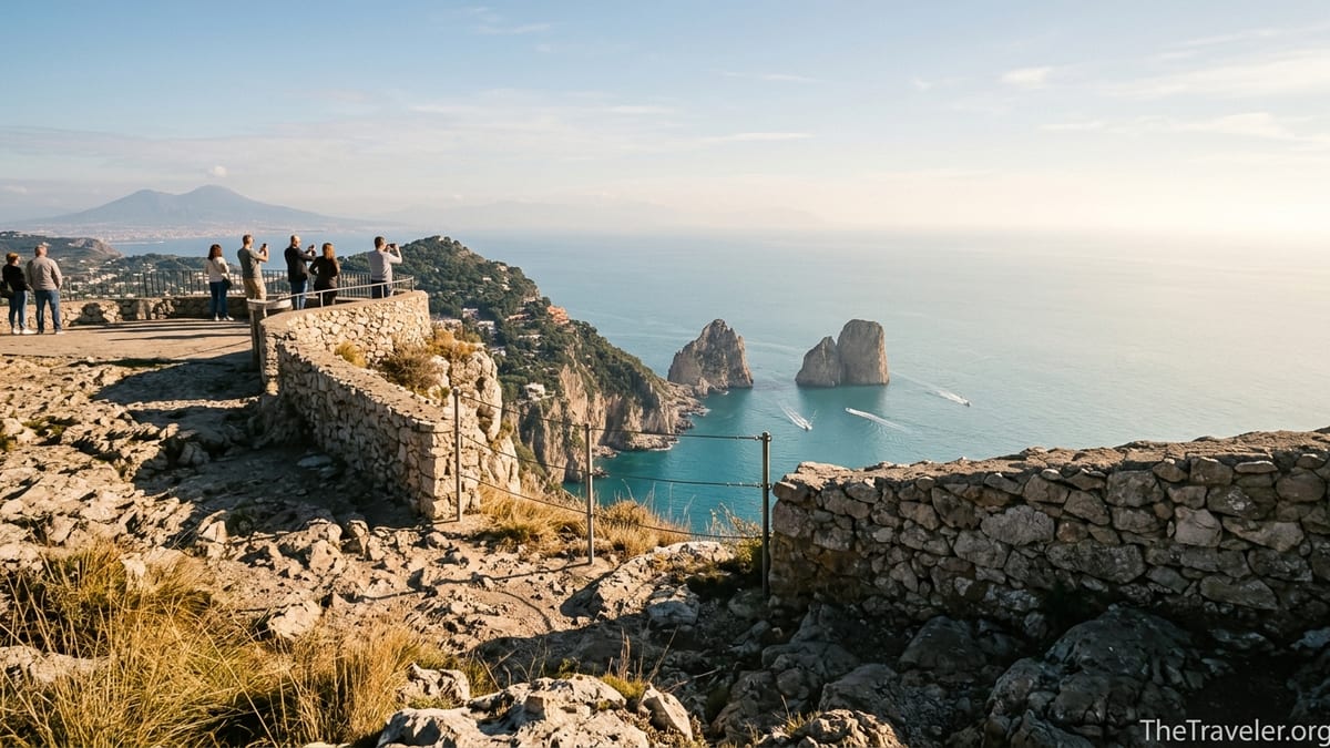 View from Monte Solaro summit on Capri overlooking Faraglioni rocks and Bay of Naples.