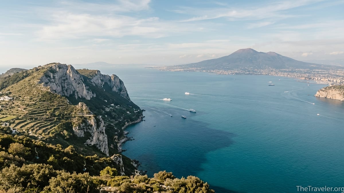 Panoramic view of Monte Solaro on Capri facing Mount Vesuvius across the Bay of Naples at sunset