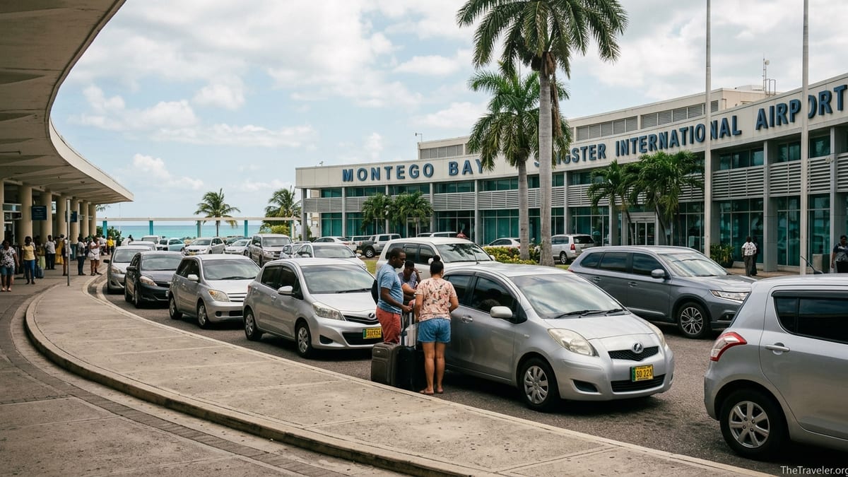 Travelers loading luggage into rental cars outside Montego Bay’s Sangster International Airport.