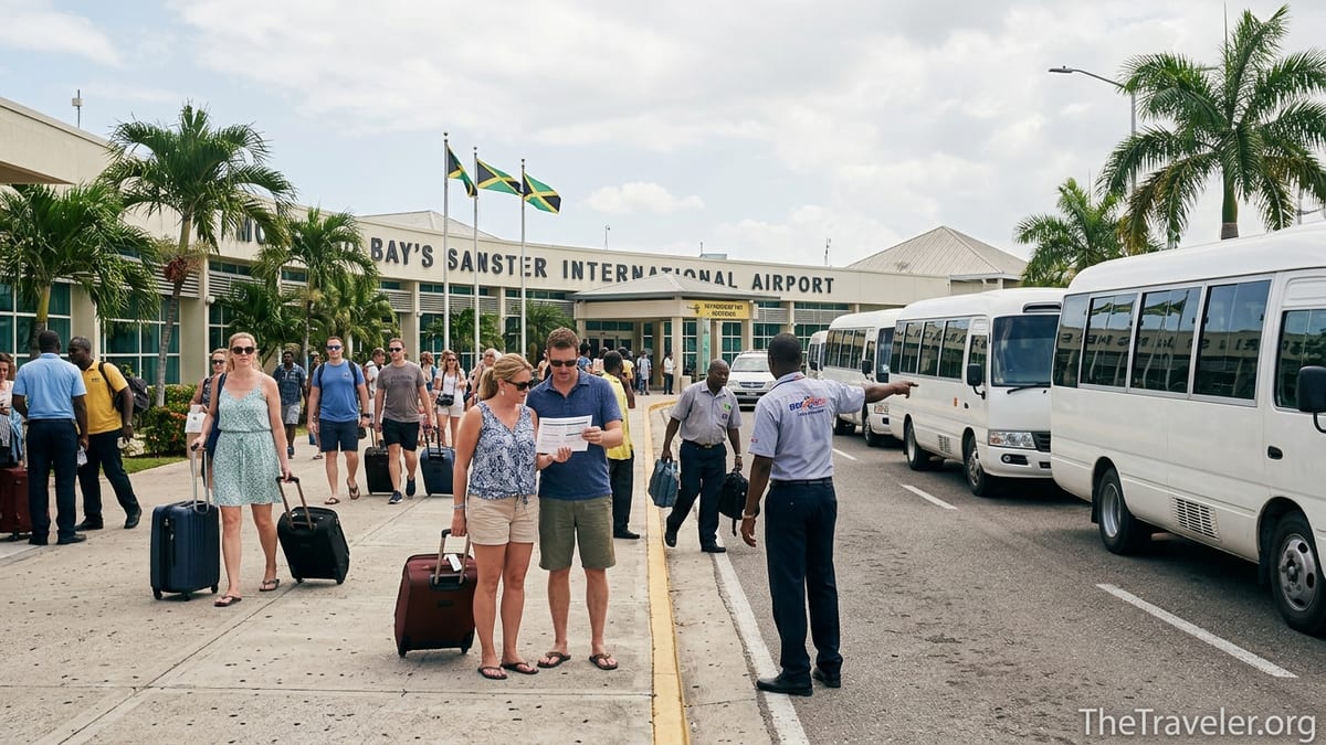 Travelers exiting Montego Bay’s Sangster International Airport toward taxis and resort shuttles.