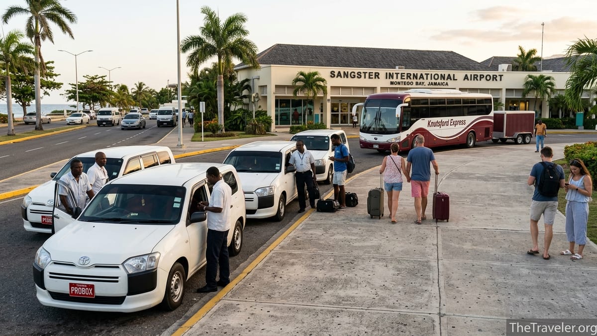 Taxis and a coach outside Montego Bay’s Sangster International Airport with tourists and palm trees at sunset.