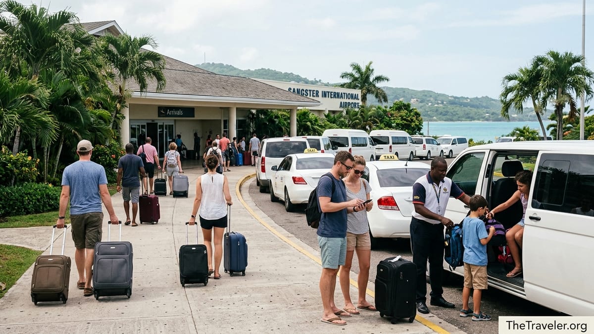 Travelers with suitcases boarding taxis outside Montego Bay’s Sangster International Airport.
