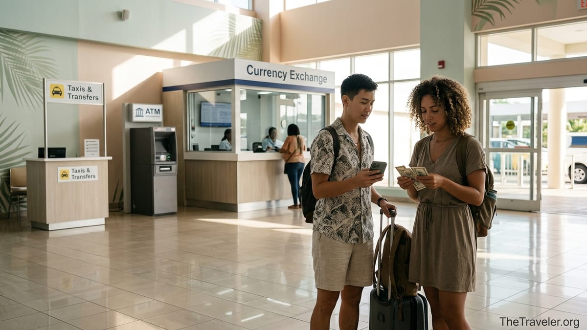 Arriving passengers at Montego Bay airport using an ATM and currency exchange after landing.