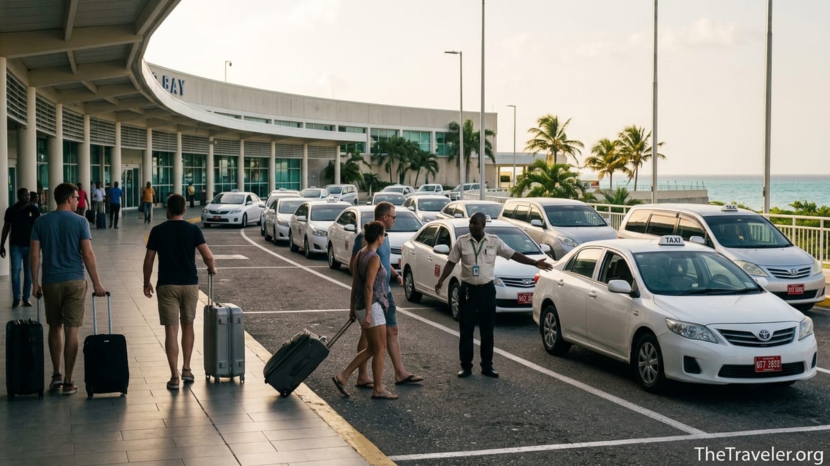 Travelers walking from Montego Bay airport arrivals toward the official taxi rank at Sangster International Airport.