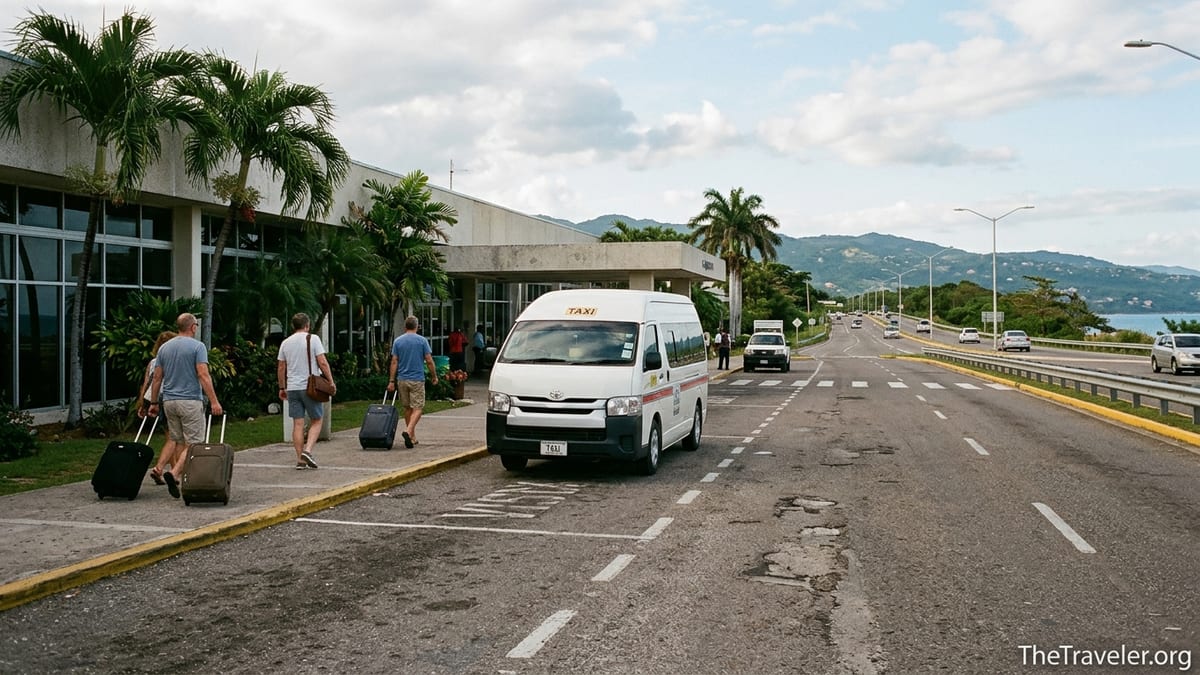 Taxi minivan outside Montego Bay airport with travelers and coastal highway toward Falmouth.