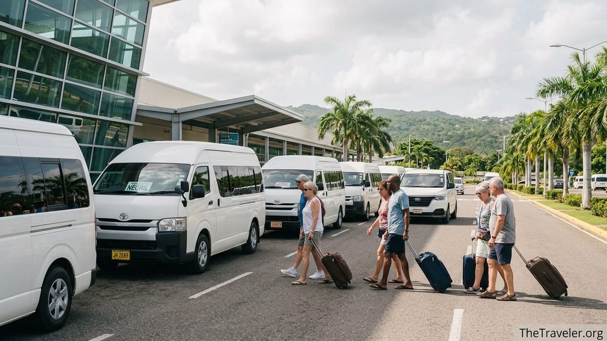 Travelers with luggage walking toward transfer vans outside Montego Bay Airport.