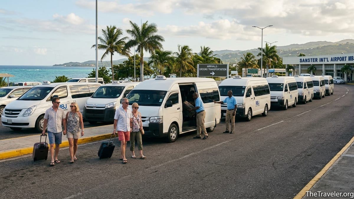 Travelers with luggage boarding airport transfer vans outside Montego Bay Airport in late-afternoon light.