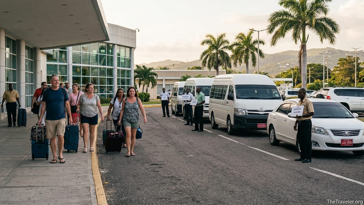 Arriving travelers outside Montego Bay airport walking toward private cars and shuttles.