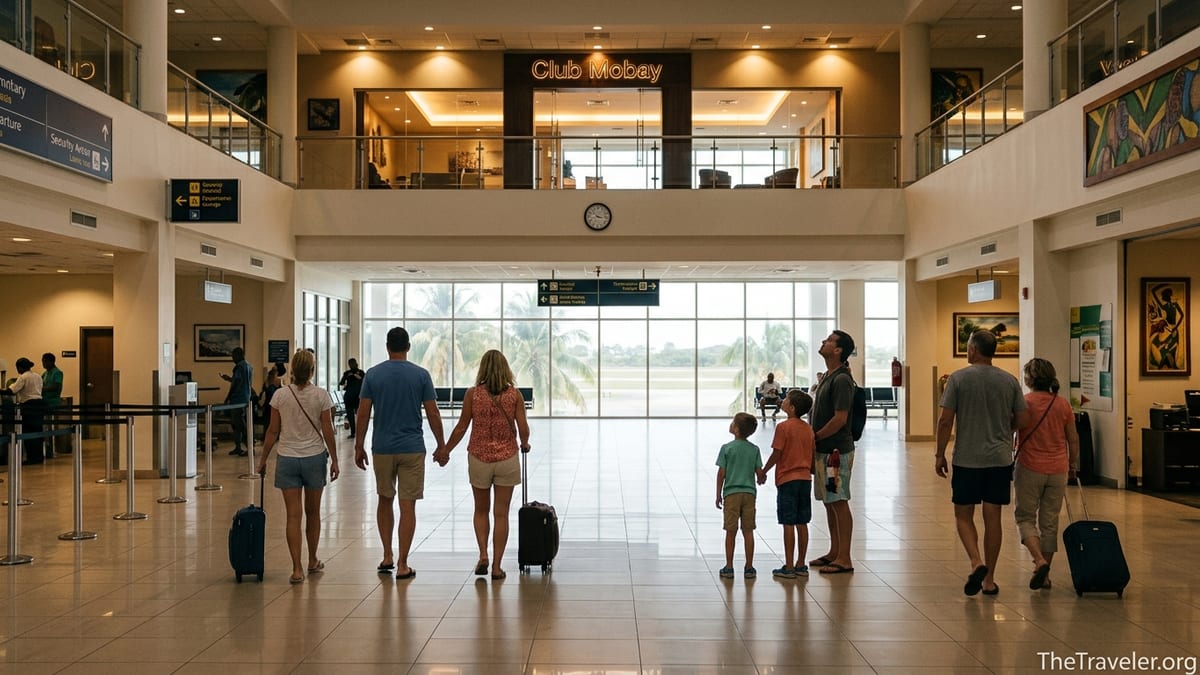 Travelers walking toward the Club Mobay lounge area inside Montego Bay airport departure hall.