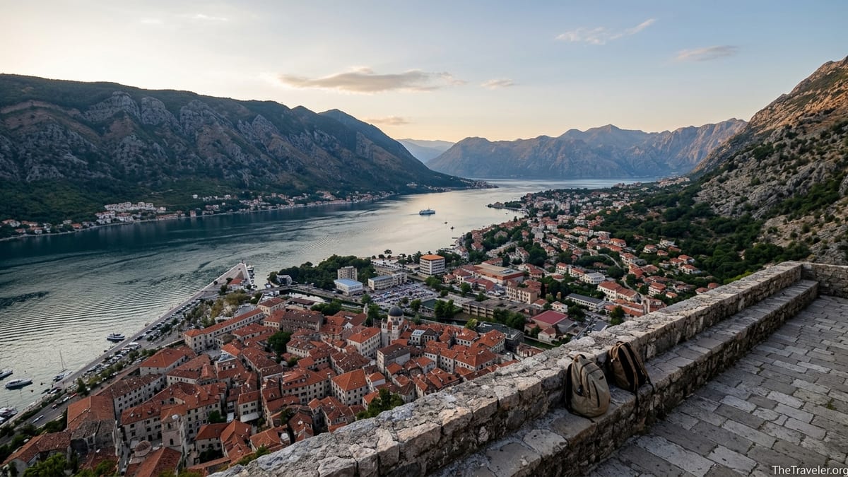 Golden-hour view over Kotor Bay and the old town’s rooftops framed by Montenegro’s mountains.
