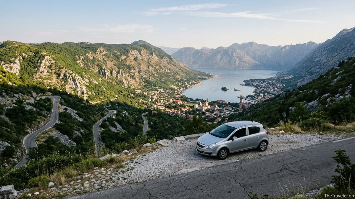 Serpentine mountain road above the Bay of Kotor with a parked car and coastal villages below