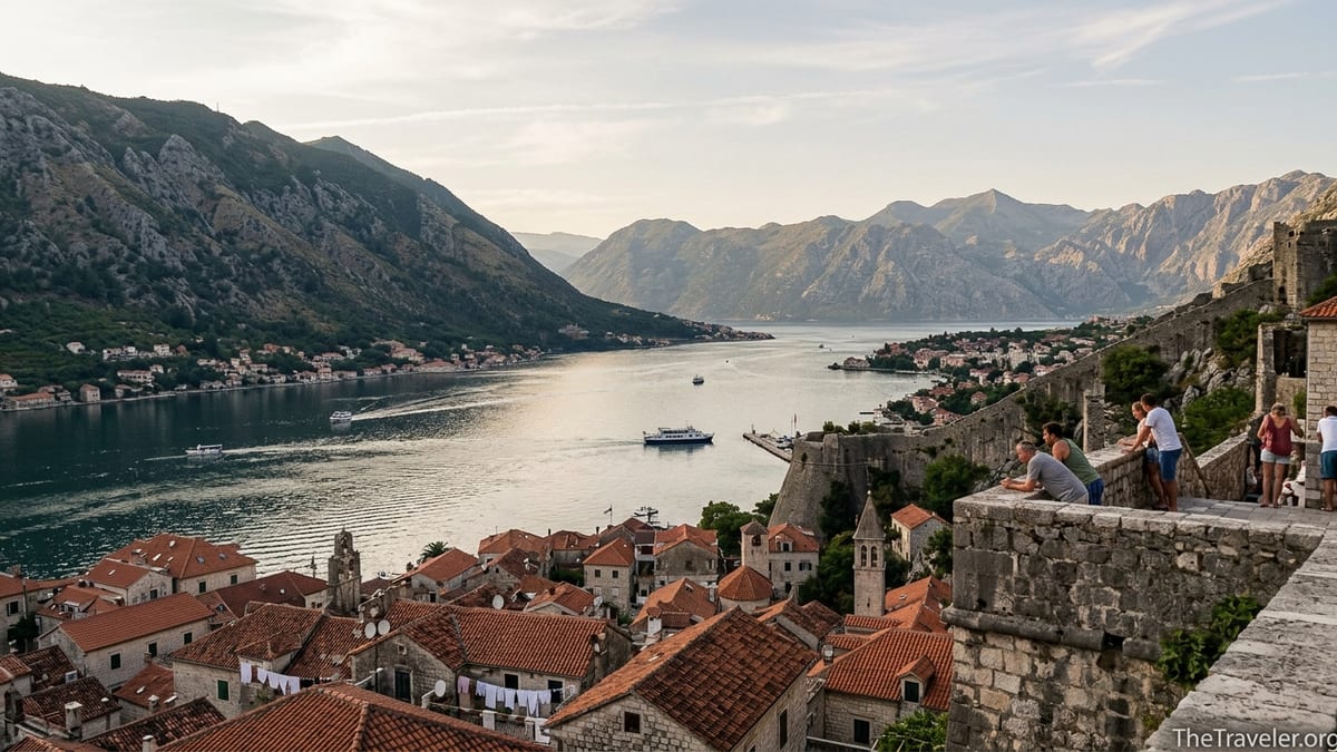 Golden hour view over Kotor Old Town and the Bay of Kotor in Montenegro.