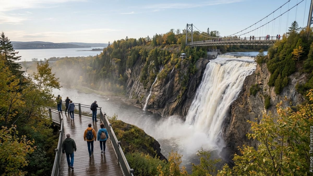 View of Montmorency Falls with suspension bridge, misty basin, and visitors on the riverside boardwalk.