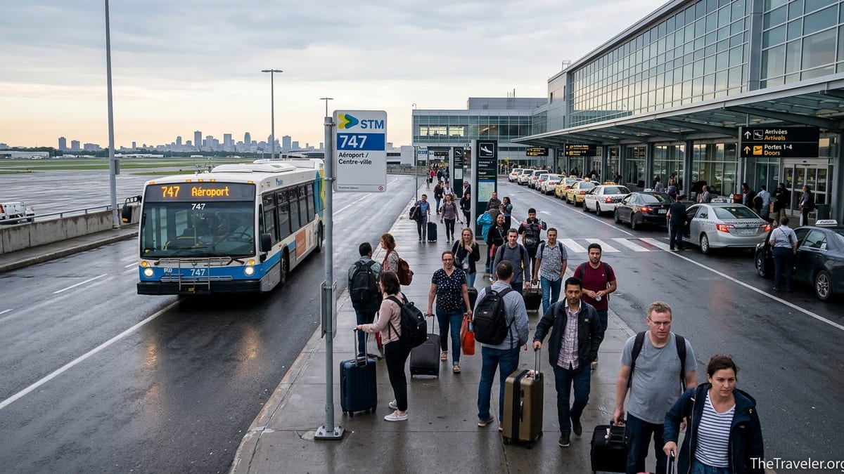 Travelers boarding Montreal 747 airport bus outside YUL terminal with taxis lined up nearby.