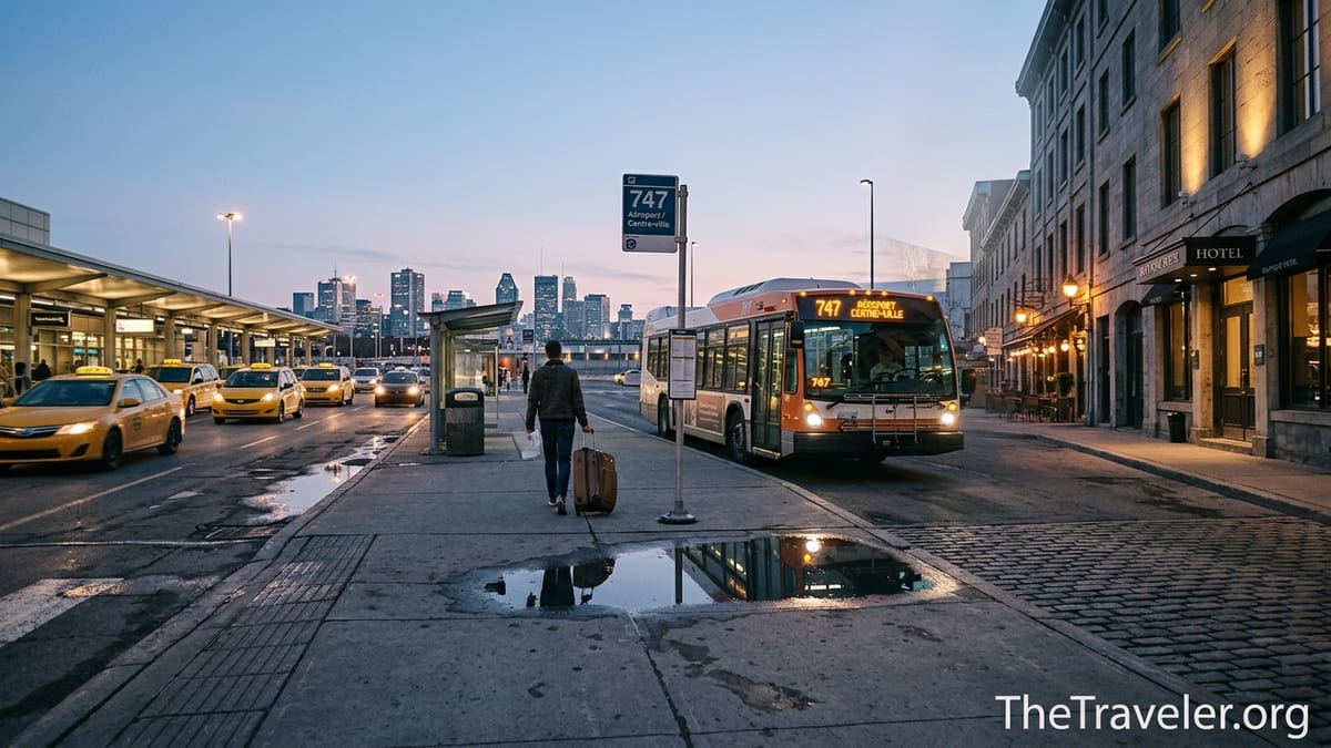 Traveler at Montreal Trudeau Airport choosing between 747 bus and taxis en route to Old Montreal at dusk.
