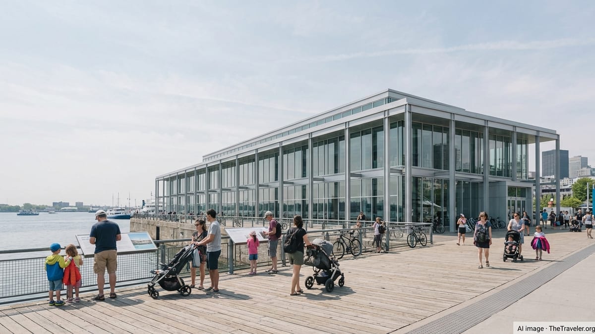 Visitors walking along the Old Port boardwalk in front of the Montreal Science Centre on a bright day.